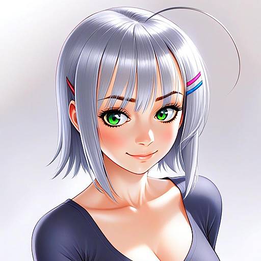Anime Style Portrait of Silver-Haired Woman with Green Eyes