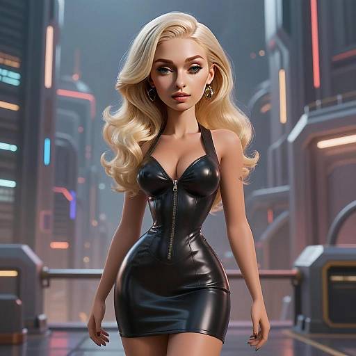 Stylish Young Woman in Black Leather Dress with Futuristic Cityscape Background