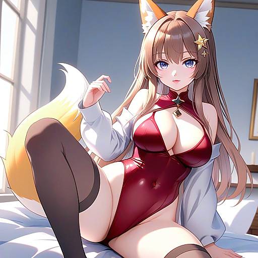 Anime Woman with Fox Ears in Crimson Bodysuit Digital Illustration