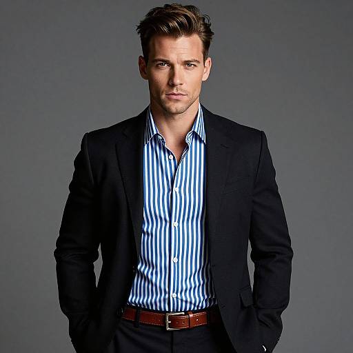 Confident Young Man in Black Blazer and Striped Shirt