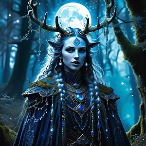 Mystical Woman with Antlers in Enchanted Forest