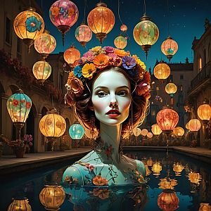 Surreal Woman Portrait in Reflective Water with Floral Crown