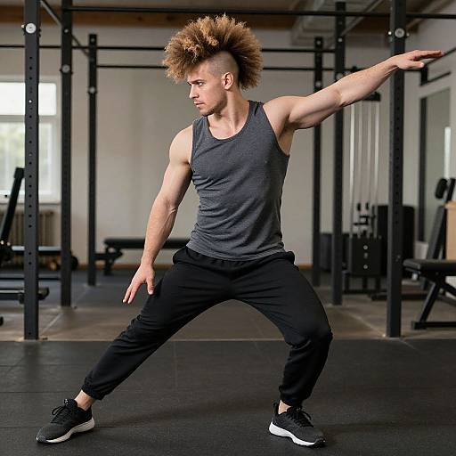 Man Stretching in Gym with Mohawk Hairstyle in Athletic Wear