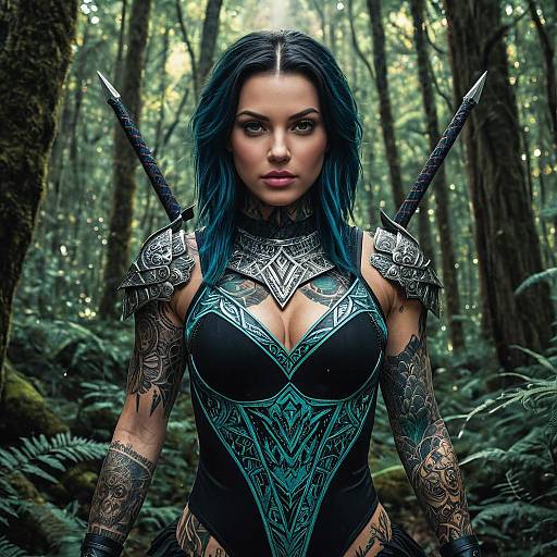 Tattooed Female Warrior Wearing Magical Leotard with Swords in Forest