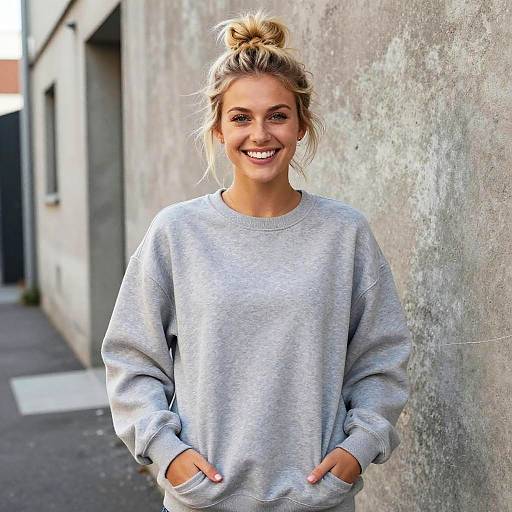 Smiling Young Woman in Casual Grey Sweatshirt with Gen Z Style