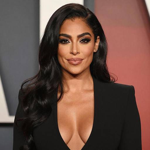 Elegant Woman with Long Black Hair in Chic Deep V-Neck Outfit