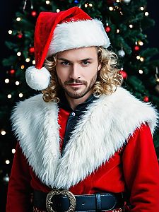 Stylish Man in Santa Costume with Christmas Tree Background
