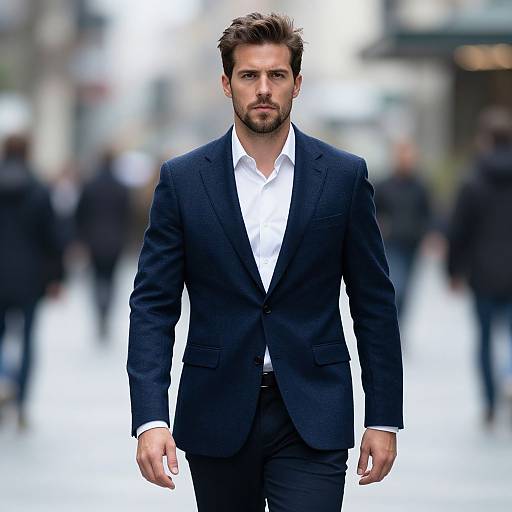 Confident Man in Navy Blue Suit Walking on City Street