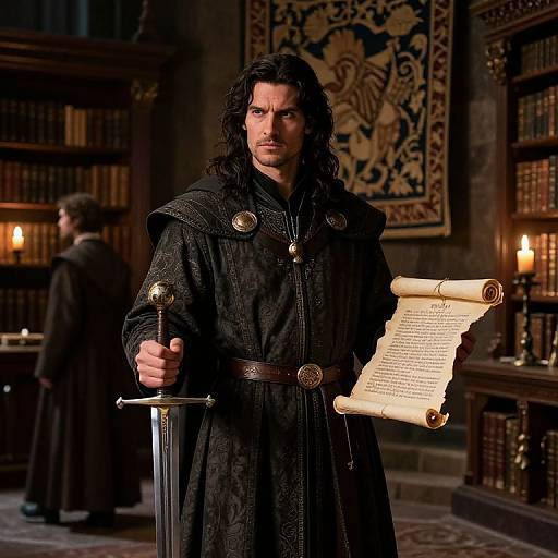 Medieval Man Holding Sword and Ancient Scroll in Historic Library