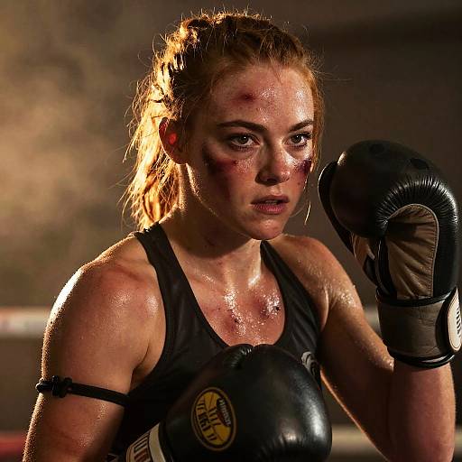 Determined Female Boxer Fighting with Bruises and Sweat