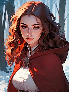 Young Woman in Red Cloak in Forest Light