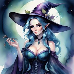 Enchanting Witch with Blue Hair and Full Moon