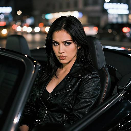 Confident Woman in Black Leather Jacket Driving Convertible at Night