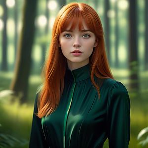 Young Woman in Dark Green Satin Dress in Forest