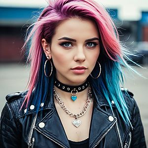 Glam Rock Woman with Pink and Blue Hair