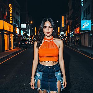 Confident Woman in Orange Top on Neon-Lit City Street at Night
