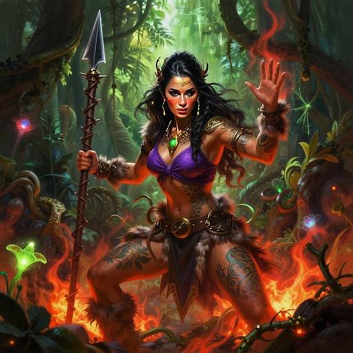 Fantasy Woman Warrior in Tribal Attire in Mystical Forest