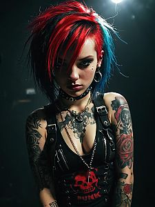 Punk Woman with Red and Blue Hair and Tattoo Art Fashion Portrait