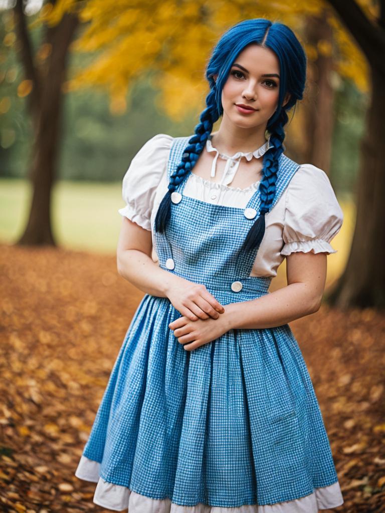 Young Woman in Blue Gingham Dress with Braided Hair in Autumn Park