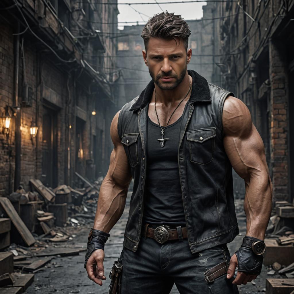 Muscular Man in Leather Vest in Urban Alleyway