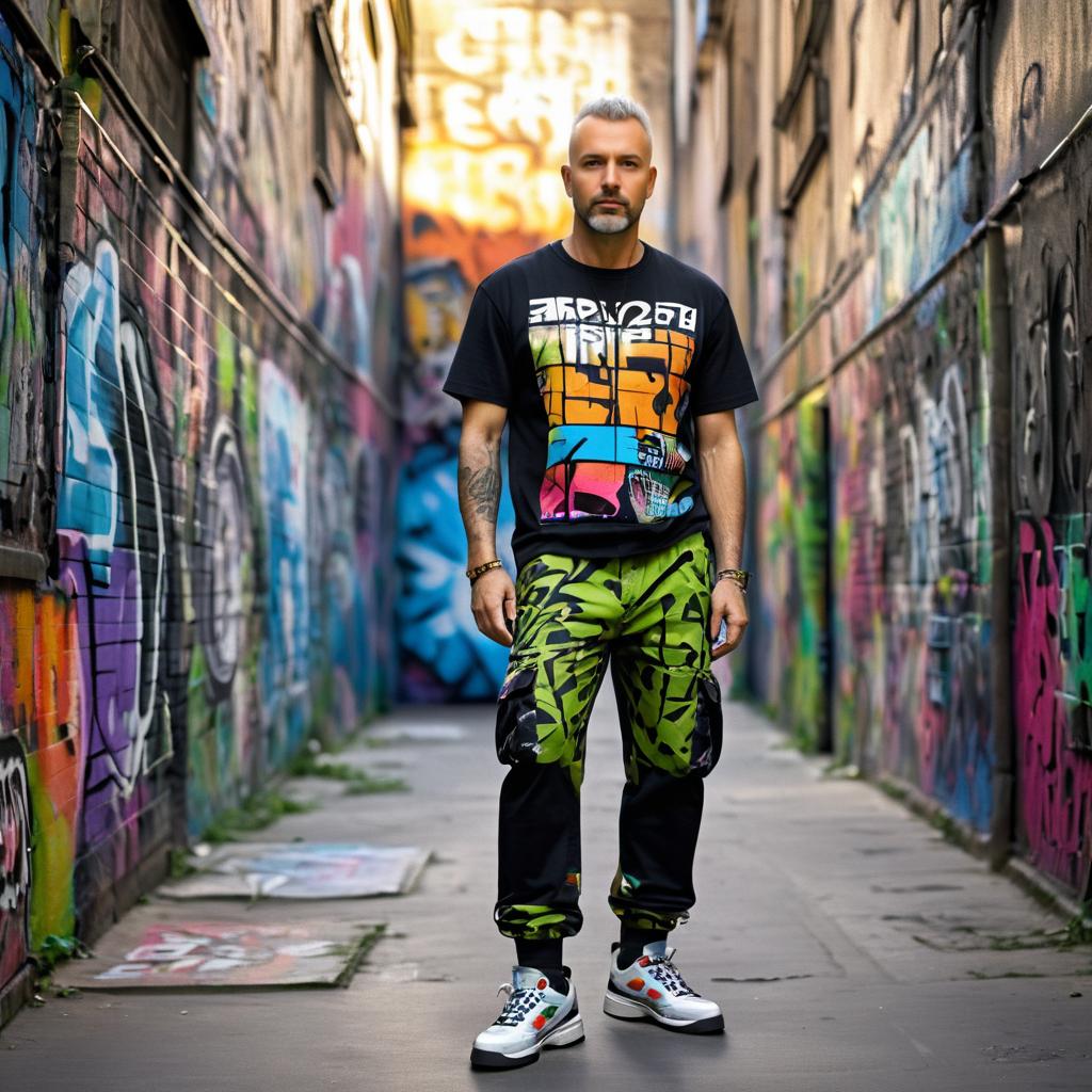 Fashionable Man in Urban Alleyway with Street Art