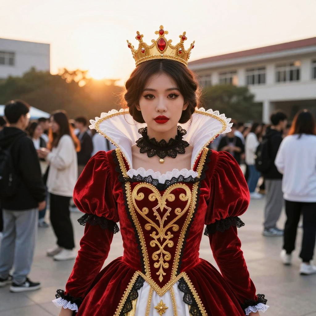 Elegant Woman in Red Renaissance Queen Costume with Gold Crown