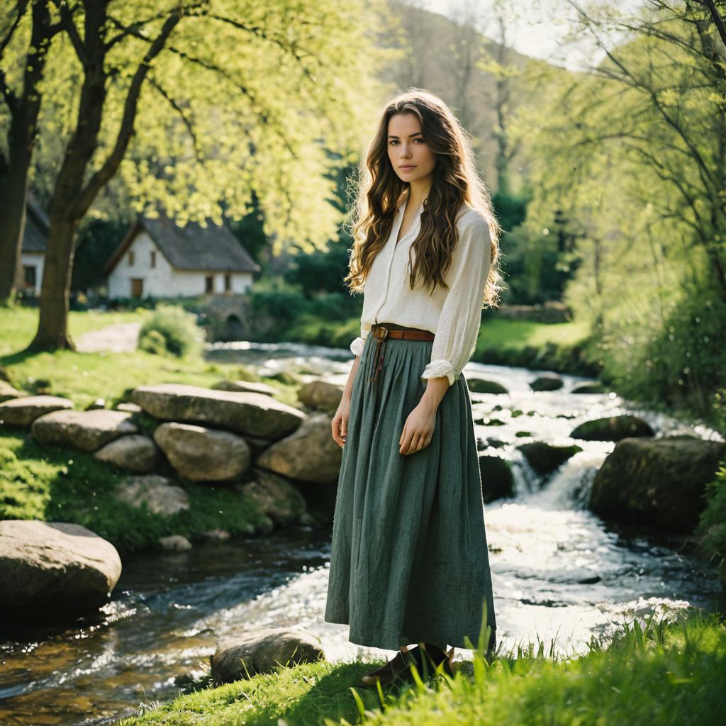Young Woman by Stream in Countryside
