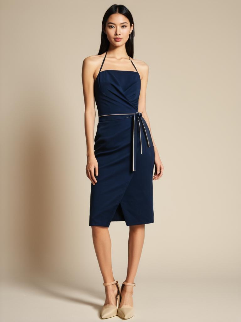 Elegant Navy Blue Halter Midi Dress on Woman with Nude Heels