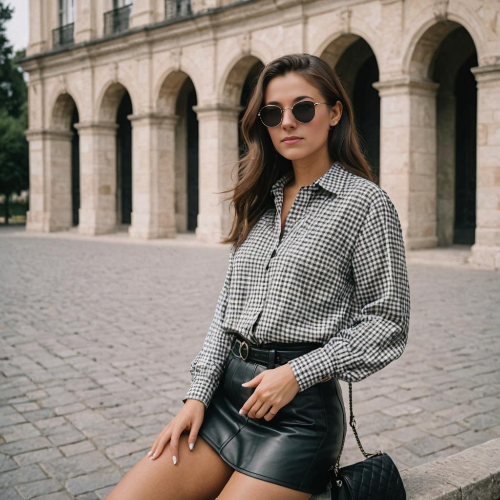 Stylish Woman in Houndstooth Shirt and Leather Skirt