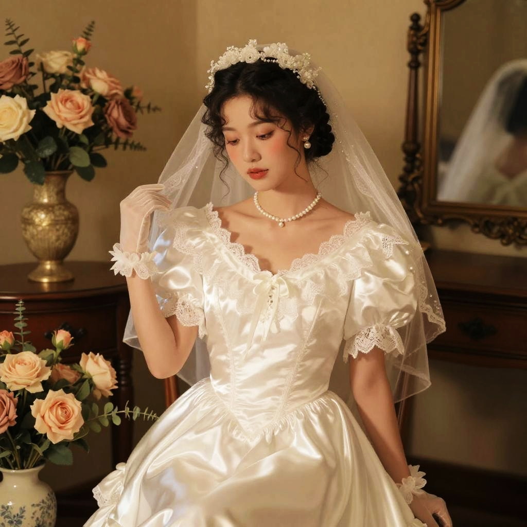Elegant Vintage Bridal Portrait in Satin Wedding Gown and Veil