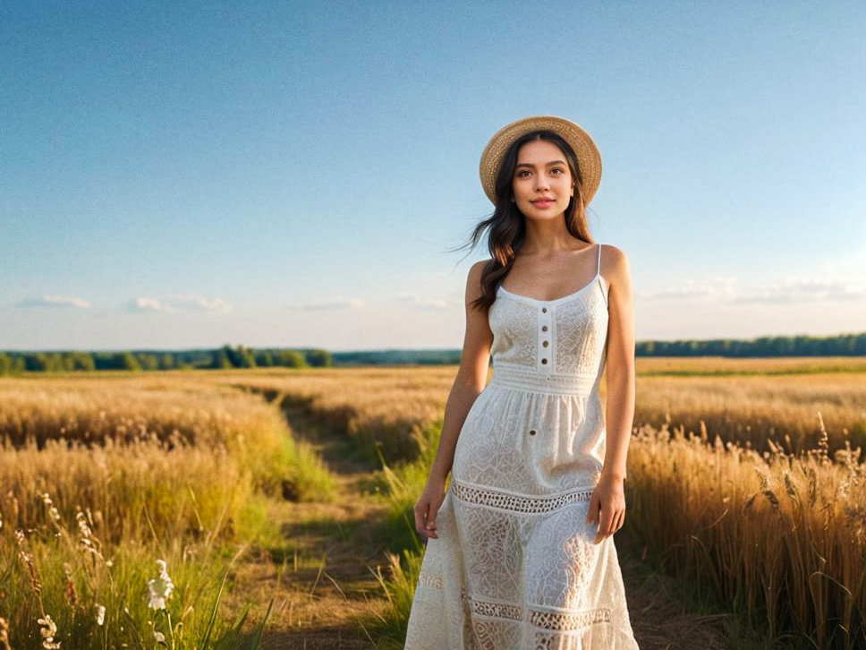 Woman in White Dress in Golden Field at Sunset