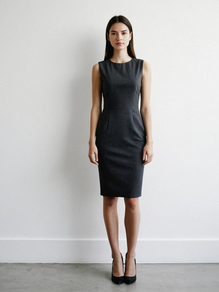 Professional Woman in Sleek Charcoal Gray Sheath Dress Standing Against White Wall