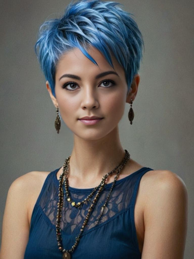 Woman with Blue Pixie Hair and Stylish Accessories