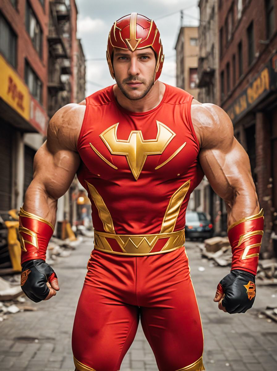 Muscular Man in Vibrant Crusher Hogan Costume