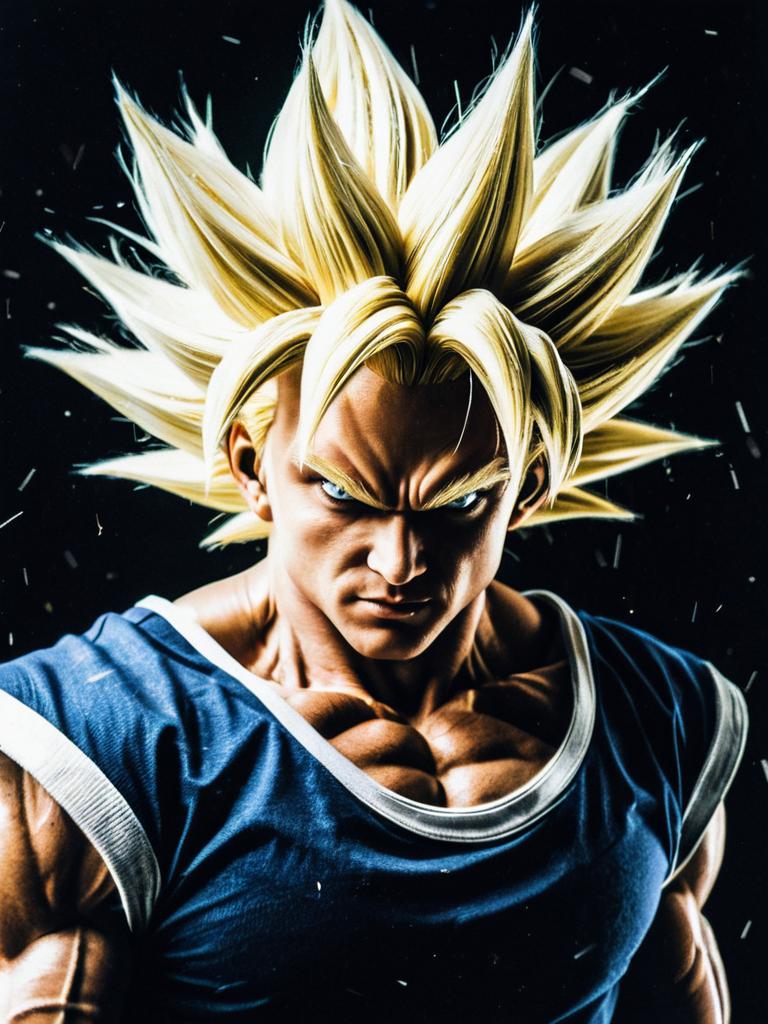 Super Saiyan Man in Intense Anime Style Portrait with Blonde Spiky Hair