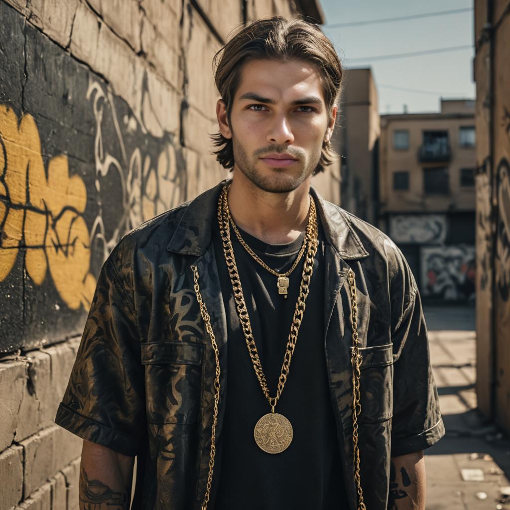 Stylish young man in streetwear with graffiti backdrop