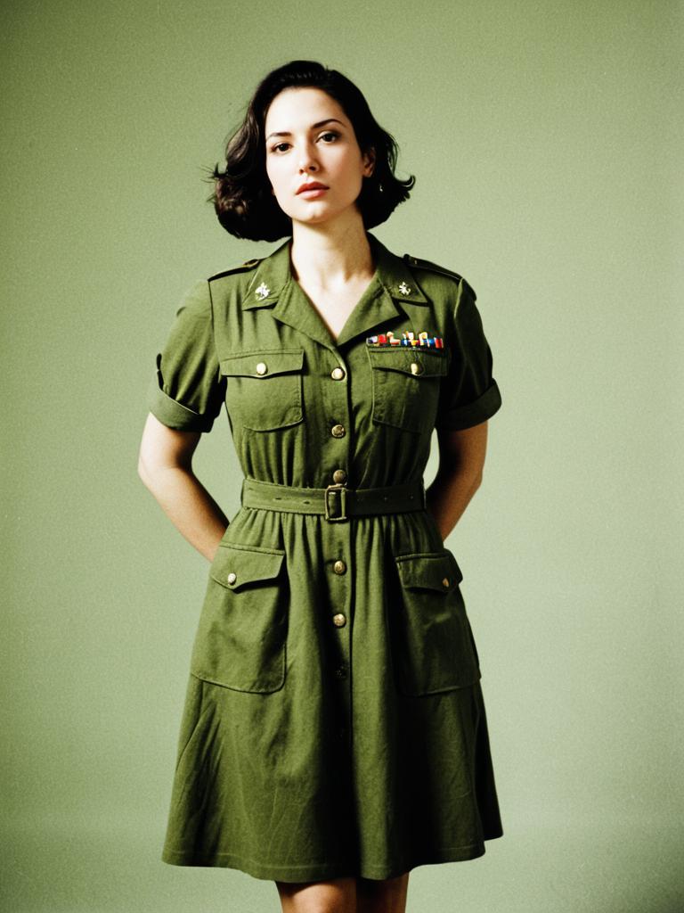 Stylish Army-Inspired Olive Green Dress with Military Details
