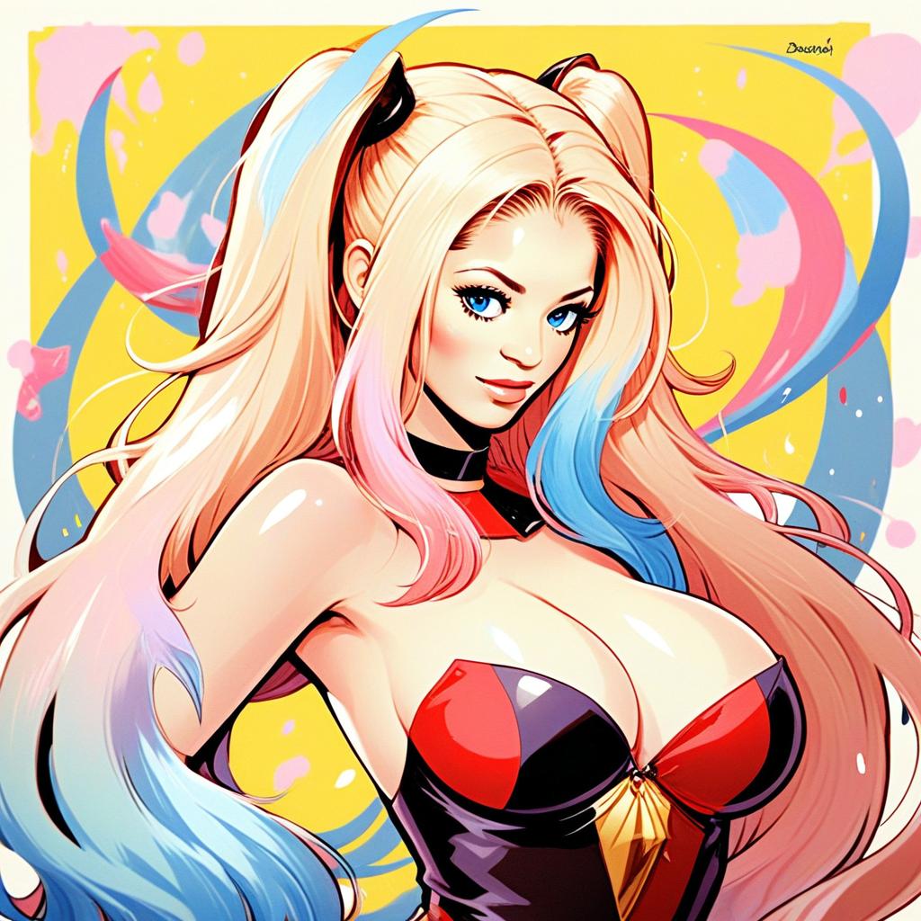 Harley Quinn Digital Art Illustration with Colorful Hair and Comic Style