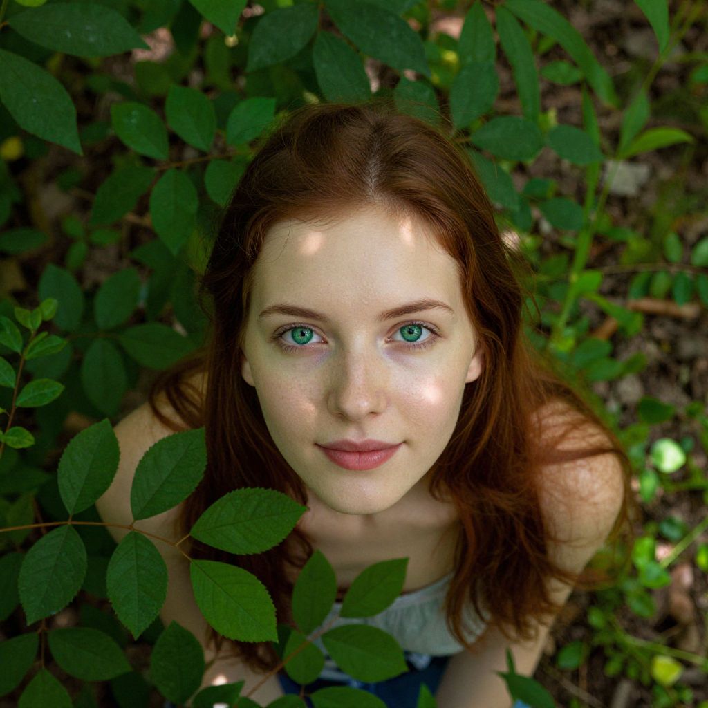Portrait of Woman with Green Eyes Among Green Foliage