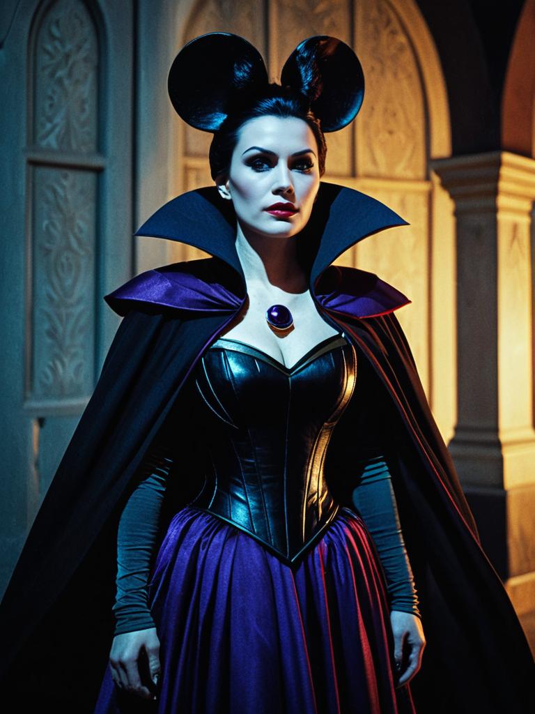 Woman in Disney Villain Costume with Mickey Mouse Ears Cinematic Editorial Portrait