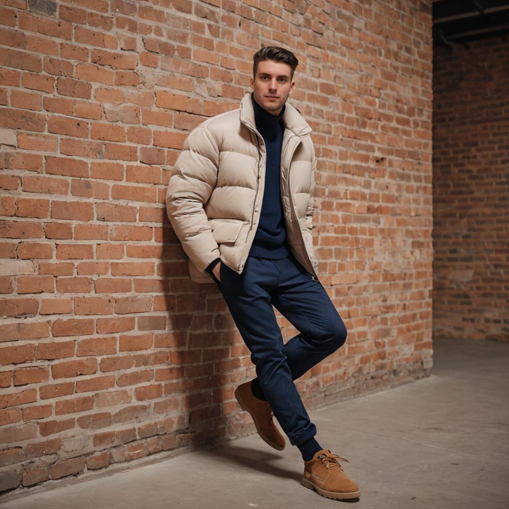 Stylish Man in Winter Attire Against Brick Wall