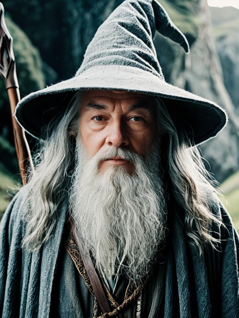 Heroic Man in Gandalf Costume with Cinematic Realism Outdoor Portrait