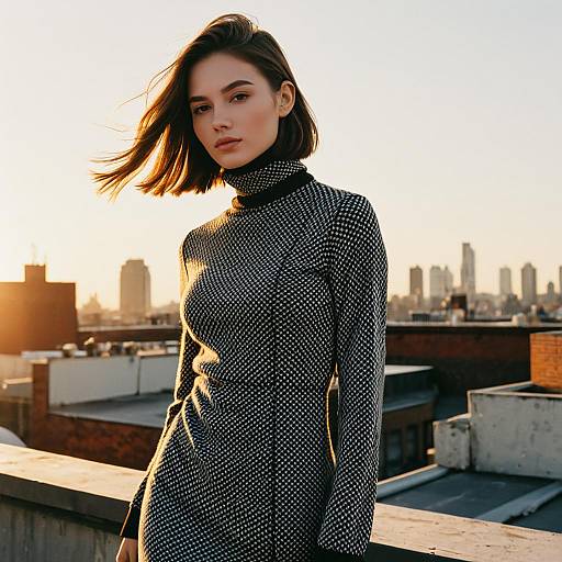 Young Woman in Houndstooth Dress on Rooftop at Sunset