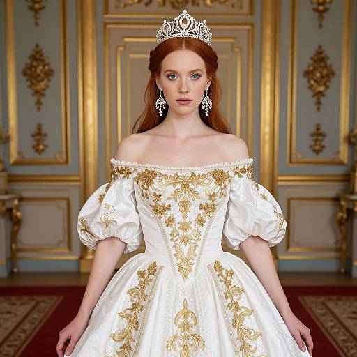 Elegant Red-Haired Woman in Embroidered Gown and Tiara in Luxury Setting