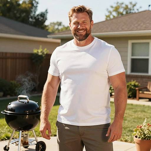 Happy Man Cooking on Charcoal Grill in Backyard