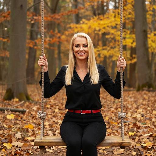 Young Woman on Wooden Swing in Autumn Forest