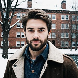 Man in Winter Coat During Light Snowfall