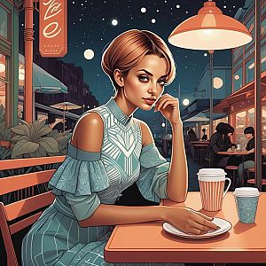 Stylish woman at outdoor café in evening