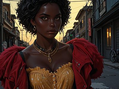 Confident Woman in Urban Dusk - Mustard Top & Red Jacket
