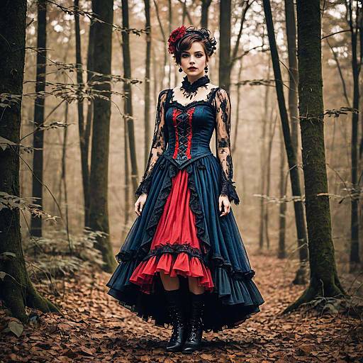 Victorian Gothic Woman in Dark Blue and Red Dress Standing in Foggy Forest